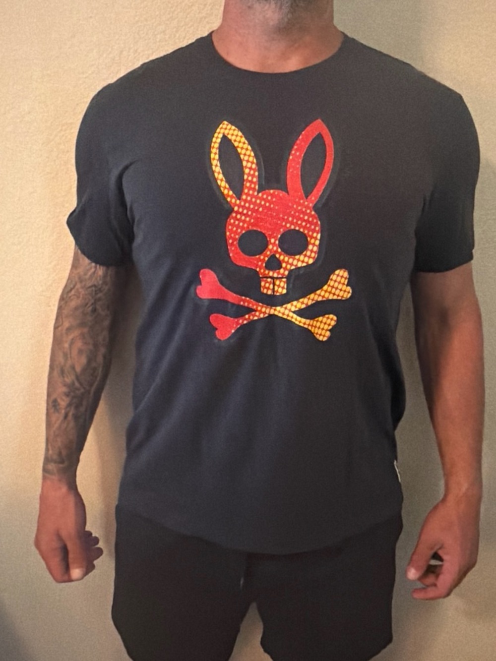 Psycho Bunny Black Short Sleeve Tee with Red and Yellow Bunny Skull